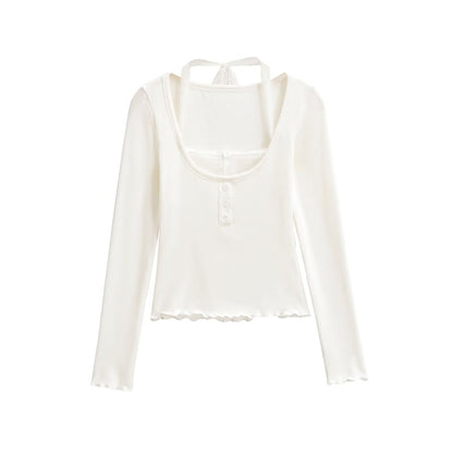 Halter Neck Cropped Knit Top with Sleeves