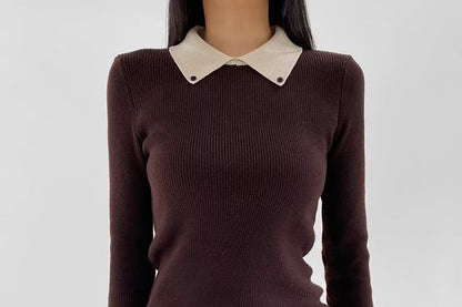 Collared Mock Neck Long Sleeve Knit Top