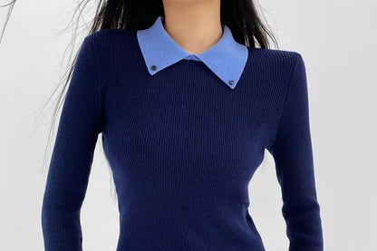 Collared Mock Neck Long Sleeve Knit Top