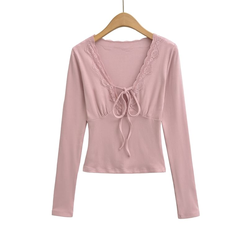 Lace Accent V-Neck Long Sleeve Tee