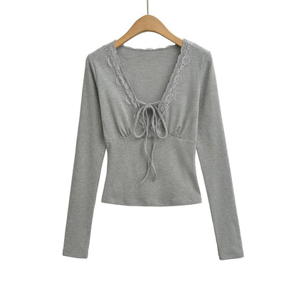 Lace Accent V-Neck Long Sleeve Tee