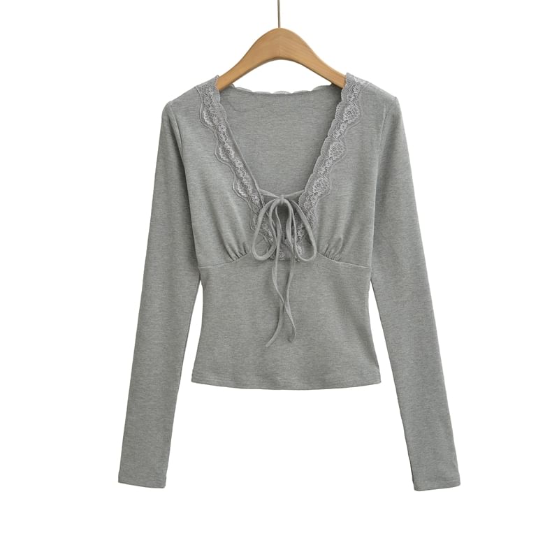 Lace Accent V-Neck Long Sleeve Tee