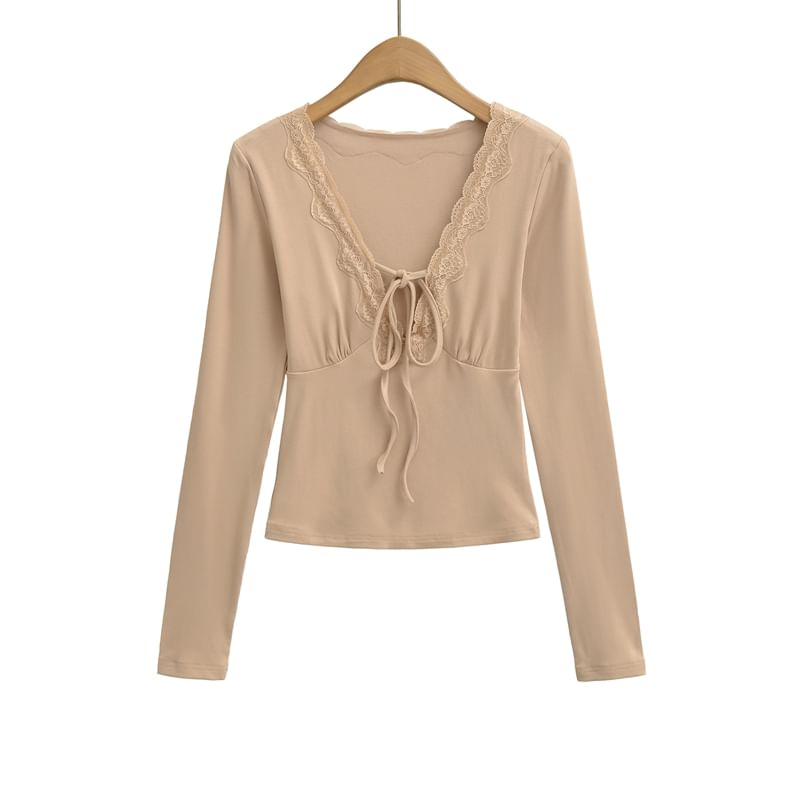 Lace Accent V-Neck Long Sleeve Tee