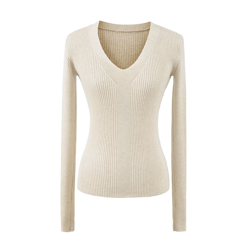 V-Neck Long Sleeve Solid Knitwear