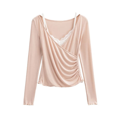 V-Neck Top with Lace Cami Set