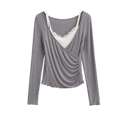 V-Neck Top with Lace Cami Set
