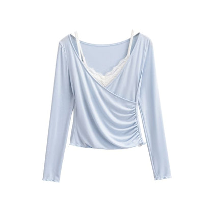 V-Neck Top with Lace Cami Set