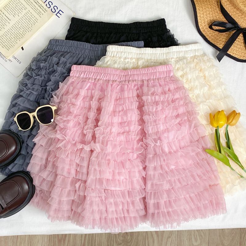 Elastic Waist Ruffle Trim Mini A-Line Skirt