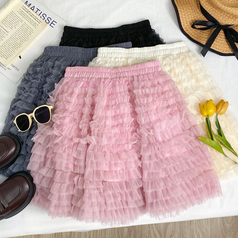 Elastic Waist Ruffle Trim Mini A-Line Skirt