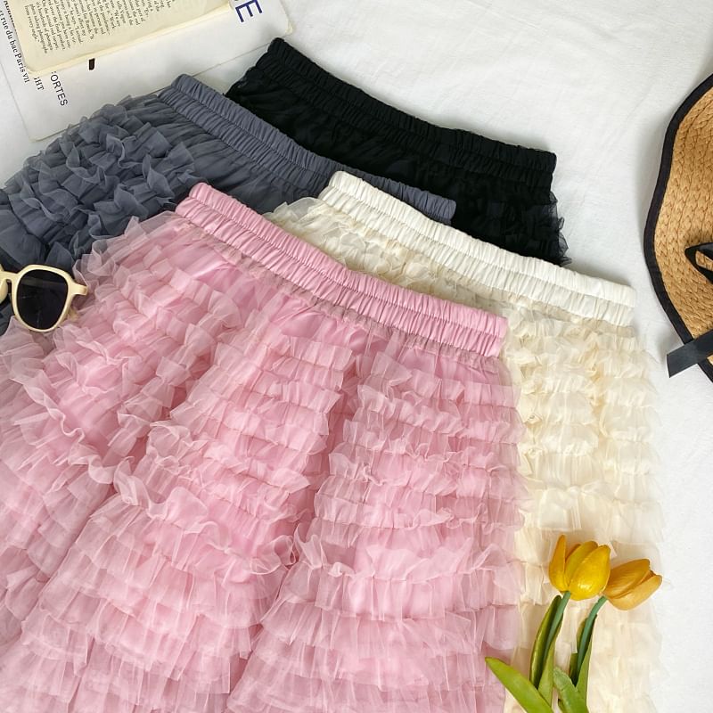 Elastic Waist Ruffle Trim Mini A-Line Skirt