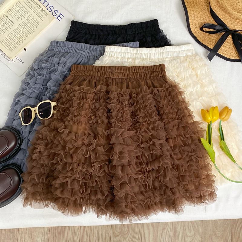 Elastic Waist Ruffle Trim Mini A-Line Skirt