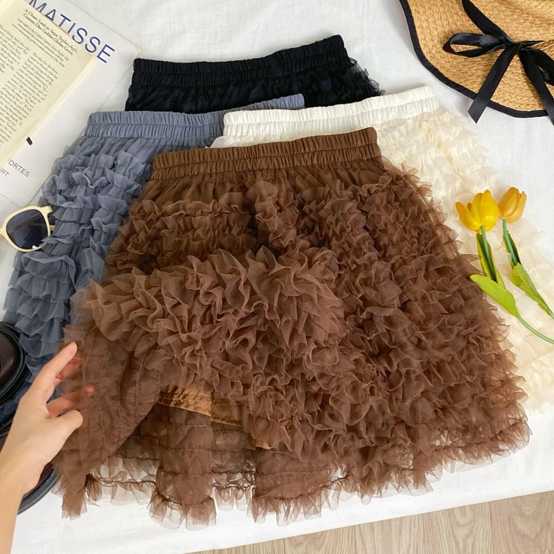 Elastic Waist Ruffle Trim Mini A-Line Skirt