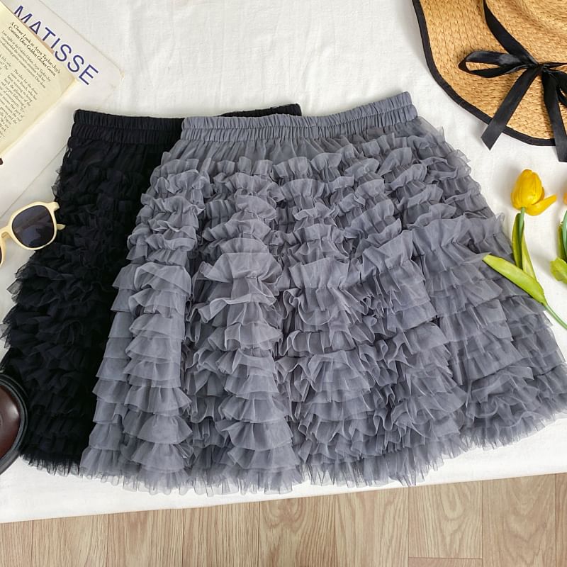 Elastic Waist Ruffle Trim Mini A-Line Skirt