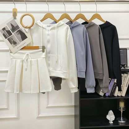 Zip Hoodie & High Waist Pleated Mini Skirt Outfit