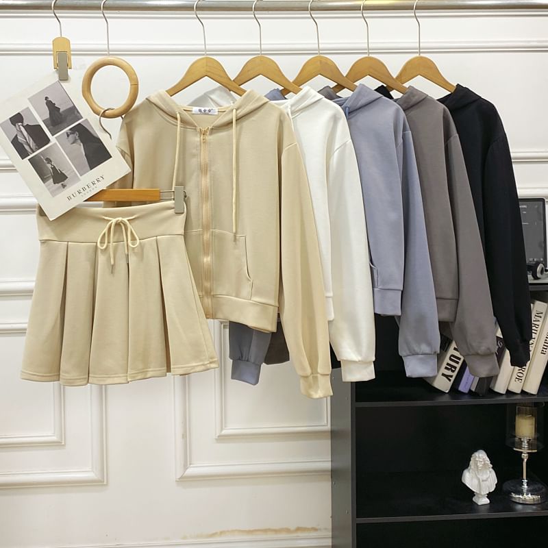 Zip Hoodie & High Waist Pleated Mini Skirt Outfit
