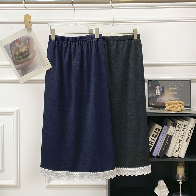 Elastic Waist Lace Trim Midi A-Line Pencil Skirt