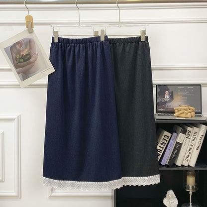 Elastic Waist Lace Trim Midi A-Line Pencil Skirt