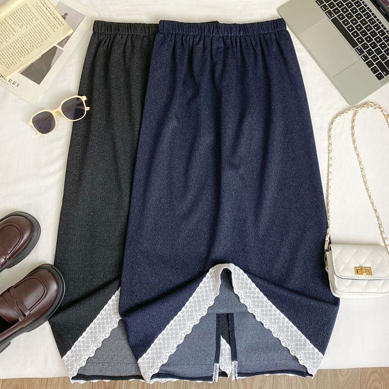 Elastic Waist Lace Trim Midi A-Line Pencil Skirt