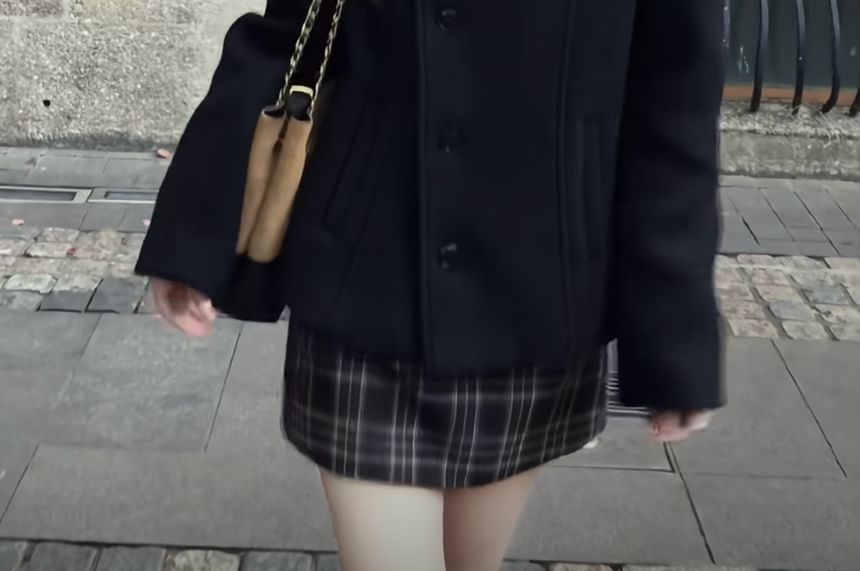 Collar Single-Breasted Blazer & Mid Rise Plaid Mini Pencil Skirt Set