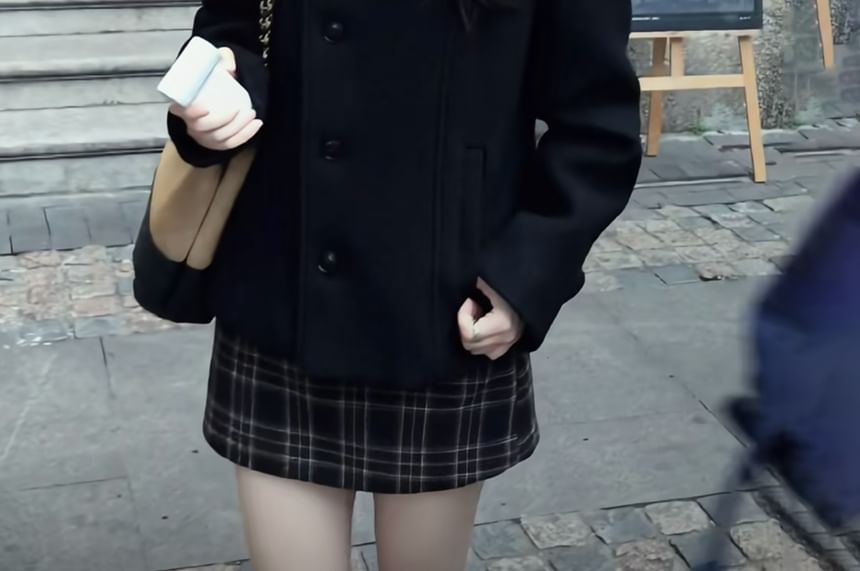 Collar Single-Breasted Blazer & Mid Rise Plaid Mini Pencil Skirt Set