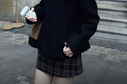 Collar Single-Breasted Blazer & Mid Rise Plaid Mini Pencil Skirt Set