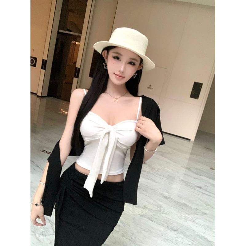 Ruched Cami Top & Cardigan & Fishtail Skirt Set