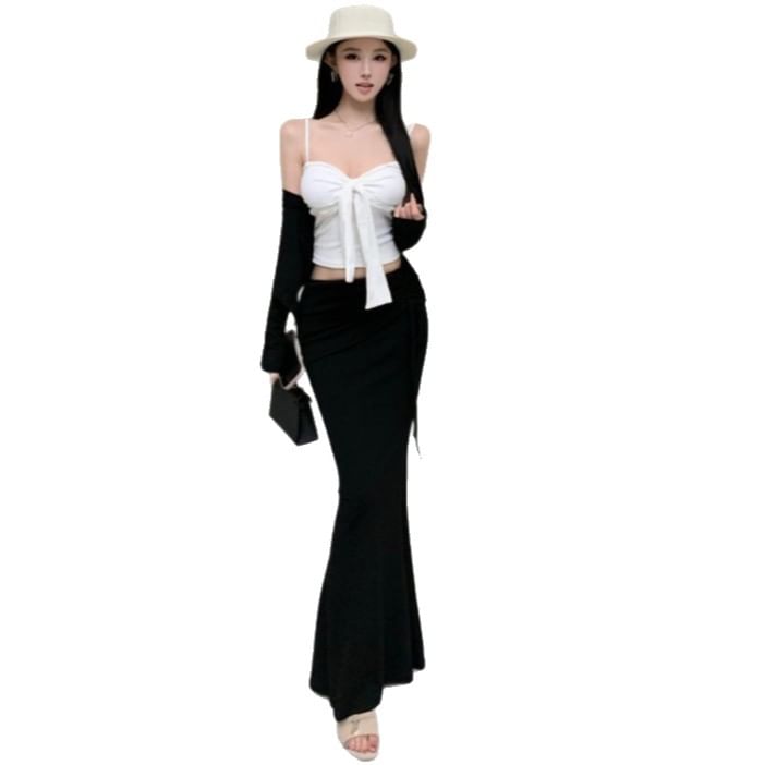 Ruched Cami Top & Cardigan & Fishtail Skirt Set