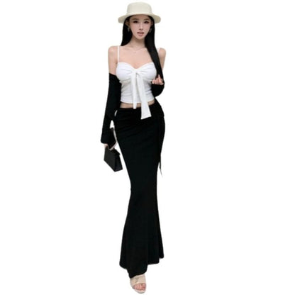 Ruched Cami Top & Cardigan & Fishtail Skirt Set