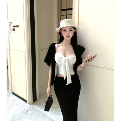 Ruched Cami Top & Cardigan & Fishtail Skirt Set