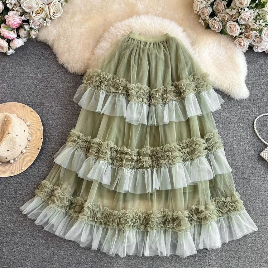 Two Tone Ruffle Trim Maxi A-Line Skirt - High Waist