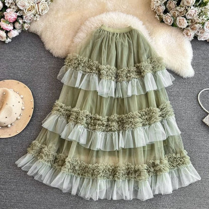 Two Tone Ruffle Trim Maxi A-Line Skirt - High Waist