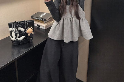 Round Neck Knit Top, Ruffle Camisole & Baggy Pants Set