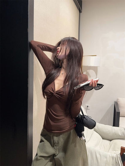 Twisted V-Neck Long-Sleeve Tee in Solid Hue