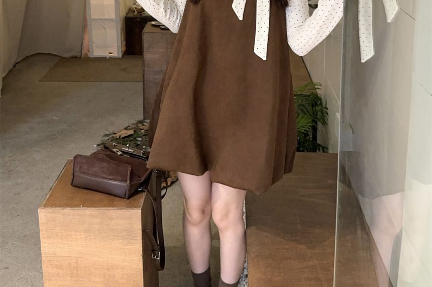 Polka Dot Mock Neck Long Tee & Square Neck Mini Dress Set