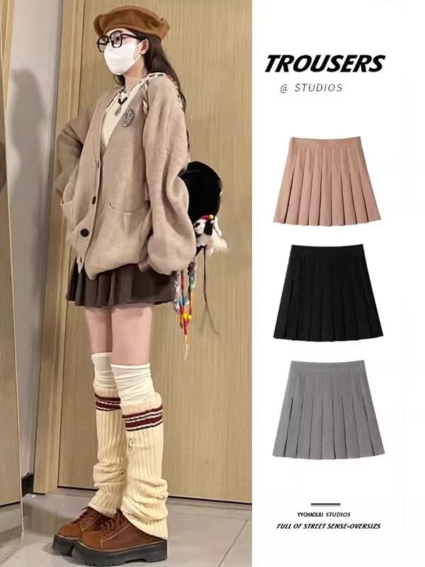 High Waist Pleated Mini A-Line Skirt