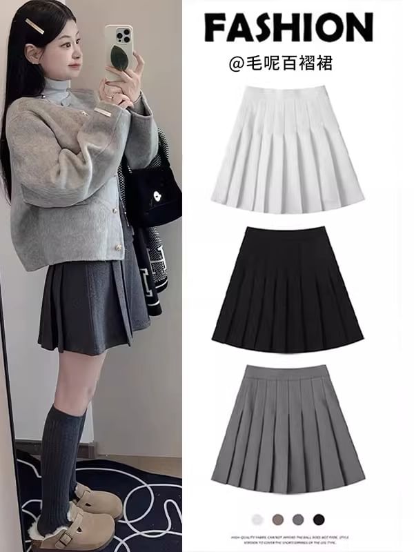 High Waist Pleated Mini A-Line Skirt