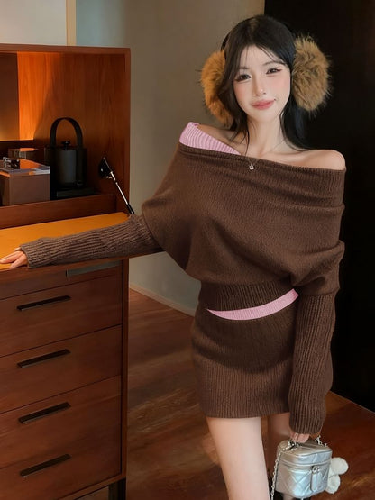 Mock Two-Piece Off-Shoulder Two Tone Crop Sweater & High Waist Mini Pencil Skirt
