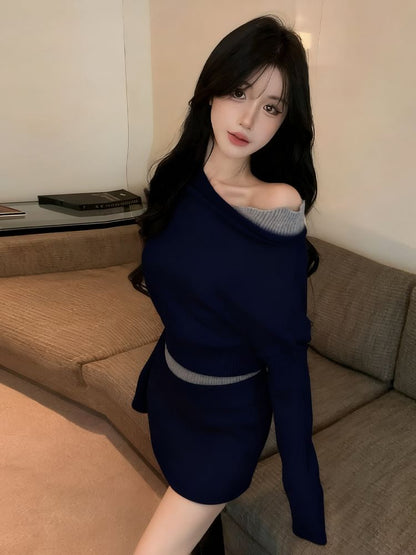 Mock Two-Piece Off-Shoulder Two Tone Crop Sweater & High Waist Mini Pencil Skirt