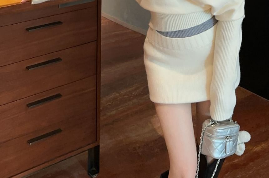 Mock Two-Piece Off-Shoulder Two Tone Crop Sweater & High Waist Mini Pencil Skirt