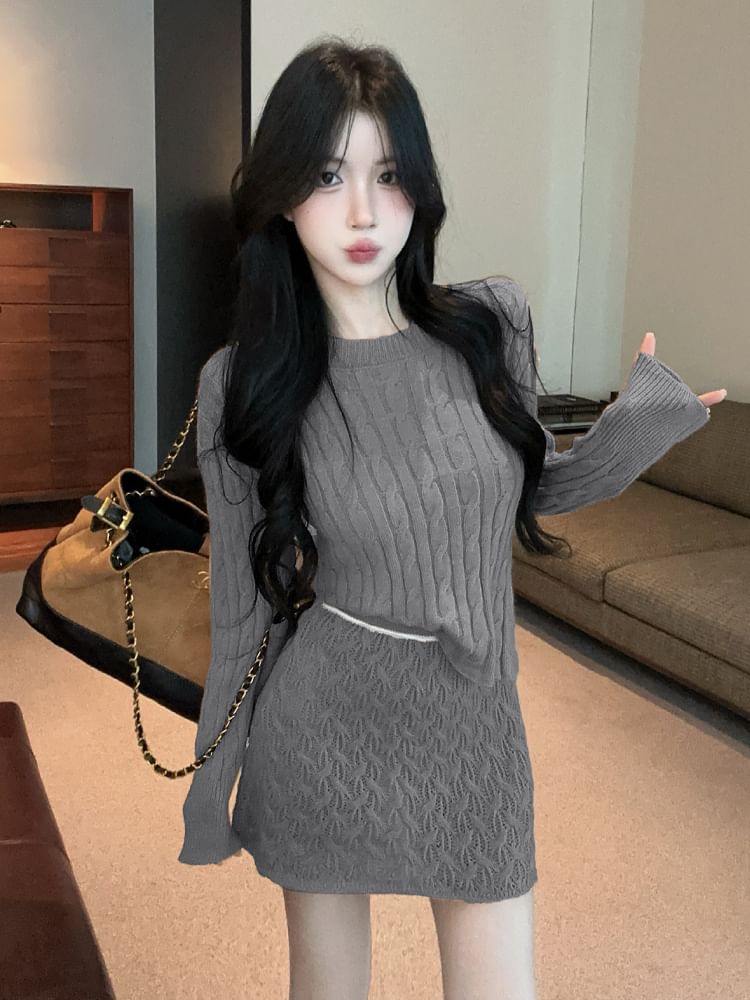 Long-Sleeve Round Neck Cable Knit Crop Top & High Waist Contrast Trim Mini A-Line Skirt