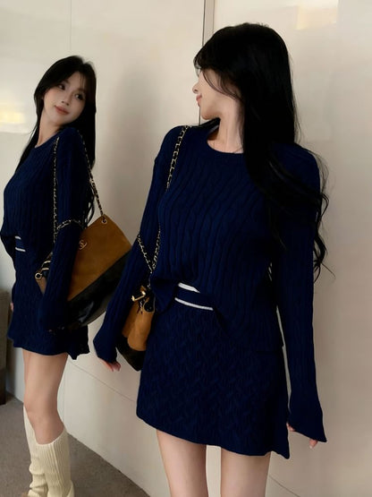 Long-Sleeve Round Neck Cable Knit Crop Top & High Waist Contrast Trim Mini A-Line Skirt