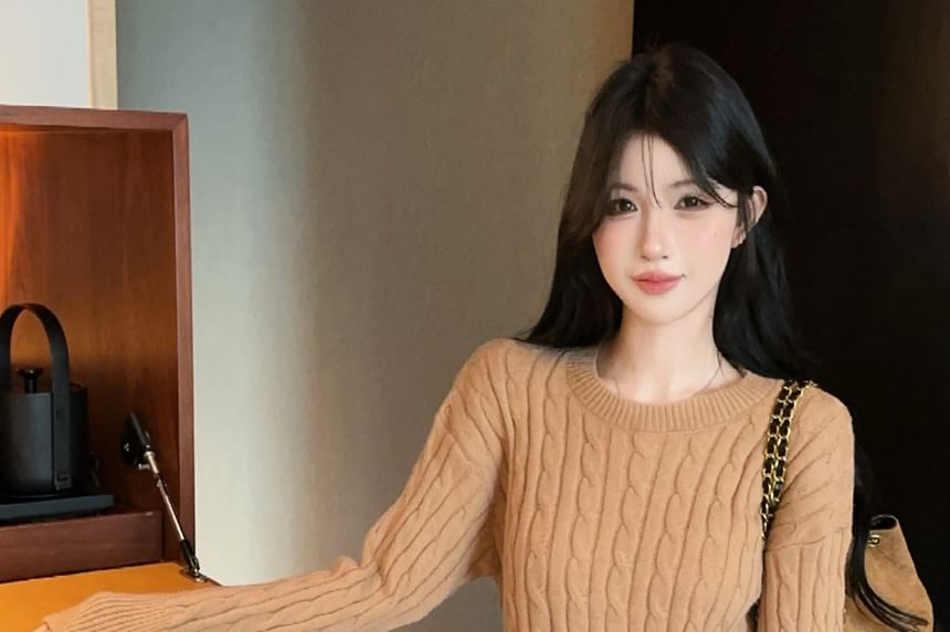 Long-Sleeve Round Neck Cable Knit Crop Top & High Waist Contrast Trim Mini A-Line Skirt