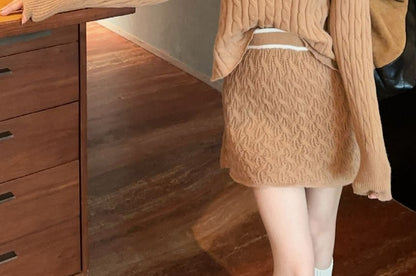 Long-Sleeve Round Neck Cable Knit Crop Top & High Waist Contrast Trim Mini A-Line Skirt