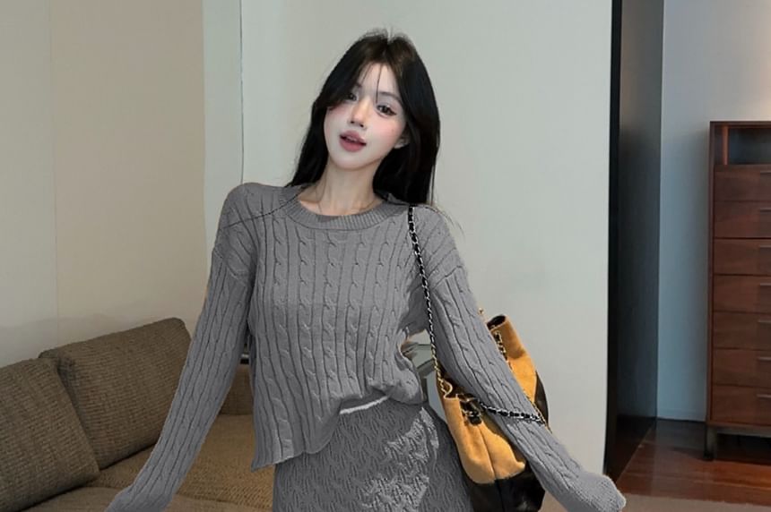 Long-Sleeve Round Neck Cable Knit Crop Top & High Waist Contrast Trim Mini A-Line Skirt