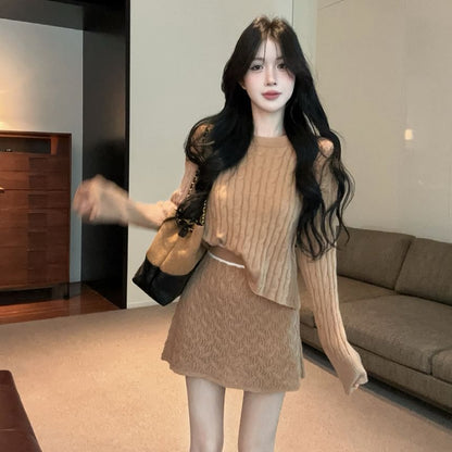 Long-Sleeve Round Neck Cable Knit Crop Top & High Waist Contrast Trim Mini A-Line Skirt