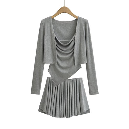 Cowl Neck Camisole Top, Mid Waist Mini Skirt & Crop Cardigan Set