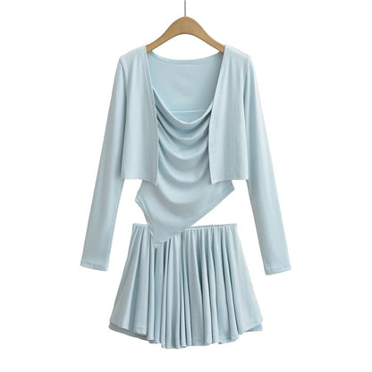 Cowl Neck Camisole Top, Mid Waist Mini Skirt & Crop Cardigan Set