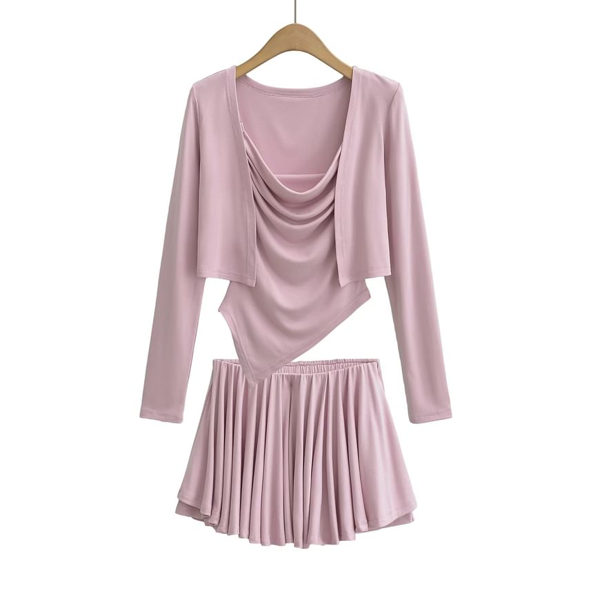 Cowl Neck Camisole Top, Mid Waist Mini Skirt & Crop Cardigan Set