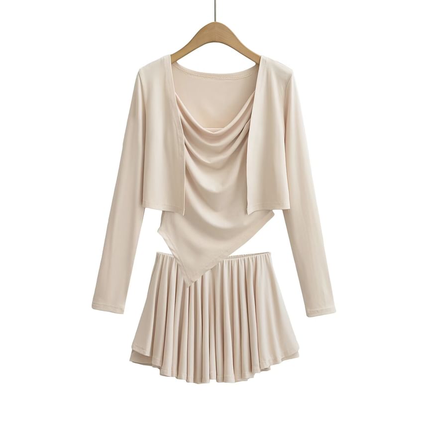Cowl Neck Camisole Top, Mid Waist Mini Skirt & Crop Cardigan Set