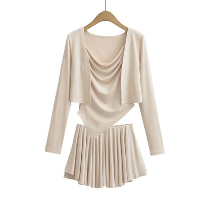Cowl Neck Camisole Top, Mid Waist Mini Skirt & Crop Cardigan Set